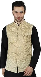 [Exotic India] Art Silk Ethnic Nehru Jacket Waist Coat With Delicate Thread Embroidery And Sequin Work, beige, M