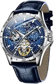 [OLEVS] Mens Leather Watches Automatic Mechanical Skeleton Tourbillon Diamond Luxury Self Winding Dress Wrist Watches Moon Phase Waterproof Luminous
