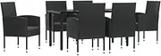 vidaXL 7 Piece Garden Dining Set – Black Poly Rattan & Steel Outdoor Dining Furniture with Tempered Glass Table