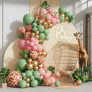 147pcs Jungle Theme Balloon Garland Arch Kit - Sage Green Pink Giraffe Print Balloons - Wild One Baby Shower Birthday Party Decorations