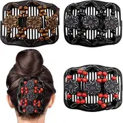 Umibow 3 Pcs Stretchy Magic Hair Combs Double Comb Hair Clip Elastic Wood Beaded Flowers Hair Bun Maker Magic Hair Side Combs DIY Hair Styling Accessories for Women