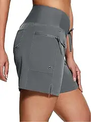 [ISEEGZ] Women's 4" High Waisted Swim Board Shorts Quick Dry UPF 50+ Womens Swim Trunks Bottoms with Liner Zipper Pockets, Deep Grey, Medium