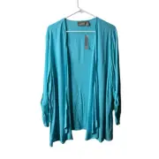 Chicos Aqua Blue Soft Lightweight Tab Sleeve Open Front Topper Blouse 3 XL NWT