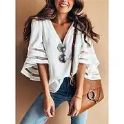 Women's Blouse Solid Color Stylish Casual 3/4 Length Sleeve V Neck Regular Tops Daily Mesh Patchwork Black White Pink Red Light Blue Summer Spring