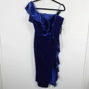 Aidan Mattox Womens Dress Blue Velvet One Shoulder Cocktail Event Size 14
