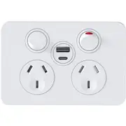 Hager WBSP2SUSBAC-MW Silhouette Series Double Powerpoint, Switchplug Combination, With Single USB Type A+C Charging Outlet, Matt White