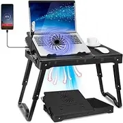 Laptop Desk, Laptop Table for Bed with Fan, Bed Desk for Laptop and Writing, with 4 Port USB Hub, Adjustable Light, Large Mouse Pad and Storage Box (Black)