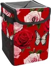 Car Trash Can with Lid and Storage Pockets Leak-Proof Organizer,Waterproof Garbage Can,Butterfly Rose Floral