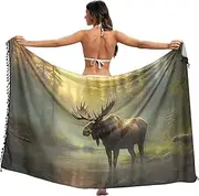 [XYMZR] Women's Sarong Swimsuit Coverups Moose Forest River Chiffon Bikini Wraps Skirt with Tassels L