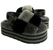NEW UGG Disco Black Gray Checker Fluff Yeah Platform Slide Sandals Women's US 9