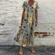ZANZEA Women V-Neck Floral Printed Bohemian Leisure Casual Loose Dress