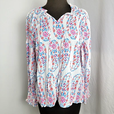 Talbots Petite M Medium PM Womens Shirt Top Peasant Smocking NEW white blue $79.
