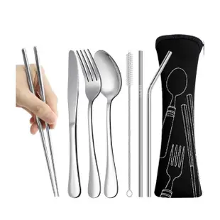 【AHOYE】外出用不鏽鋼餐具套裝 8件套裝(筷子 叉子 湯匙 吸管 刀子)
