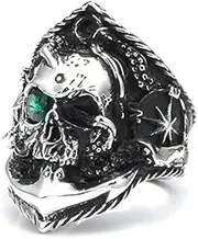 [TYMONT] Skull Green Eye Ring S925 Sterling Silver Retro Skull Ring Men's Diamond Personality Punk Ring Hip Hop