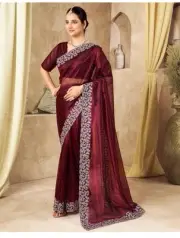 SIRIL Women's Shimmer Net Embroiderd Stone Work Saree With Unstitched Blouse