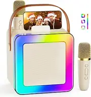 Mini Karaoke Machinew with Two Microphones, Portable Karaoke Speaker for Adults and Kids with Dazzling Lights, Girls Karaoke Microphones, Birthday Gifts for Boys Family Party