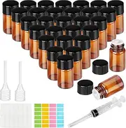 3 ml Empty Glass Bottles for Essential Oil - Pack of 30 Mini Bottles for Oil, Dropper Bottle 3 ml with Pipette Syringe Sticker, 3 ml Brown Empty Glass Bottles for Essential Oil, Spa, Massage
