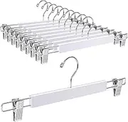 Amber Home Solid Gugertree Wood Pant Hangers White Colour with Anti-Rust Hook and Clips 10 Pack