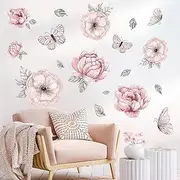 Large Boho Flower Wall Decals Pink Flower Butterfly Wall Stickers for Girls Baby Room Peel and Stick Peony Floral Wall Art Sticker Vinyl Wall Decal for Nursery Bedroom Kitchen Living Room Wall Decor
