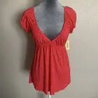 Forever21 Womens Small Solid Red V-neck Flowy Blouse with Floral backside