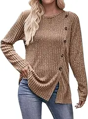 [Generic] Striped Solid Color Crew Neck Strip Brushed Slit Fashion Button T Shirt Long Sleeve Top Tunic Button Front Slit Women Tops and Blouses Summer