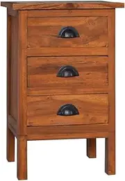 vidaXL Solid Teak Wood Bedside Cabinet - Mid-Century Modern Wooden Nightstand with 3 Drawers, Natural Oiled Finish, Ample Storage, Vintage Shell Handles, 40x35x60 cm - Bedroom/Living Room Decor