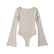 Flared-Sleeve Scoop Neck Plain Bodysuit Top Almond - S