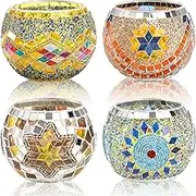 DEAYOU 4 Pack Glass Candle Holders Mosaic, Decorative Glass Tealight Votive Holder Bowl, Scented Candle Stand for Lighting Decor, Gift, Aromatherapy, Also Used as Vase, Pen Holder, Potted Plant Bowl