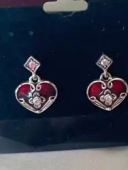Vtg Napier Textured-Translucent Red Enamel Heart Crystals Pierced Post Earrings