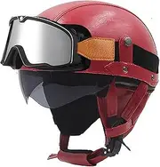 Vintage Leather Motorcycle Helmet Vintage Pilot Style Adult Open Helmet Motorcycle Half Shell Helmet with Goggles for Adult Men Women DOT/ECE Approved
