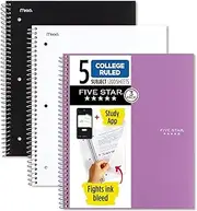 Five Star Spiral Notebooks Plus Study App, 3 Pack, 5 Subject, College Ruled Paper, 200 Sheets, 11" x 8-1/2", School, Wired, Assorted Colors (38500)