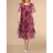 Women's Plus Size Party Dress Cocktail Dress Wedding Guest Dress Chiffon Mesh Layered Crew Neck Short Sleeve Floral Midi Dress Wedding Guest Cocktail Party Win