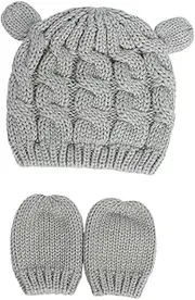 [FOMIYES] Newborn to Toddler Hat Gloves Set Knitted Beanie Warm Wool Gloves for Cold Days Grey