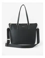 [Madison Accessories] Inga Large Zip Top Tote Bag with Laptop Pocket + Monogram Strap in Black