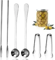 6 Pieces Long Handle Pickle Fork Olive Spoon with Drain Hole Strainer Kitchen Serving Tongs Set, Stainless Steel Pickle Picker for the Jar Cucumber Arugula Caper