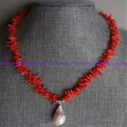 Nature Red Coral Irregular 14-20mm White Baroque Pearl Pendant Necklace 18 Inch