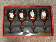 Neiman Marcus Set of 4 Painted Santa Stemware Wine Glasses New In Box Old Stock