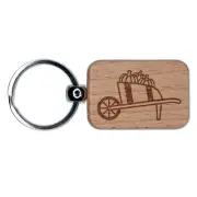 Fall Pumpkin Wheelbarrow Engraved Wood Rectangle Keychain Tag Charm