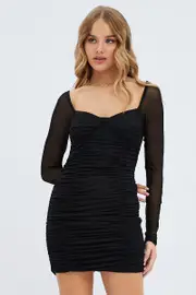 Black Bodycon Dress Corset Detail Mesh - Size 14, Women's Bodycon Dress