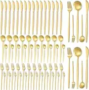 60 Pieces Stainless Steel Tableware Set Silverware Set Flatware Cutlery Set Utensils Set Spoon Fork Knives Set Service for 12 for Home Restaurant Apartment and Kitchens (Gold)