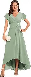 [Vnaix Bridals] Tea Length Mother of The Bride Dresses Chiffon Lace Appliques V Neck Formal Dresses with Sleeves