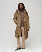 Hooded Longline Sports Puffer | Fossil Brown