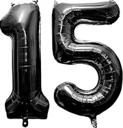 Black Number 15 Balloons, Giant Jumbo 40 Inch Birthday Number Balloons, 15 Birthday Party Decorations Foil Mylar Balloons for Boys Girls