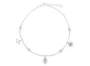 Platinum Sterling Silver Blue White Sapphire Evil Eye Hamsa Halo Anklet 10" L