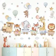 wondever Jungle Animals Train Wall Stickers Hot Air Balloon Animals Elephant Giraffe Peel and Stick Wall Art Decals for Baby Nursery Kids Room Toddler Room