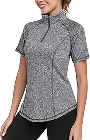 [DUVOWE] Sports Shirt Women's Short Sleeve Functional T-Shirt Women's Sports Tops Gym Workout Tops Running Shirt Fitness Short Sleeve with 1/4 Zip, Gray, 3XL
