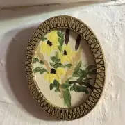 Bouquet Daisies Wheat Cat Tails Hand Painted On Miniature Wood Plaque 1:12 Scale