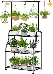 Simple Trending Plant Stand Indoor Outdoor, Heavy Duty Metal 3 Tiered Hanging Plant Shelf for Multiple Flower Planter Holder Tall Large Rack for Living Room Garden Balcony, Black