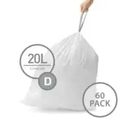 Simplehuman BIN LINERS 20L 60-Pieces Code-D Thick Double Seams, Drawstring
