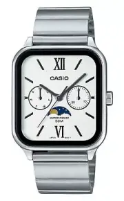 Casio Moon Phase Day/Date Stainless Steel White Dial MTP-M305D-7A2V Mens Watch